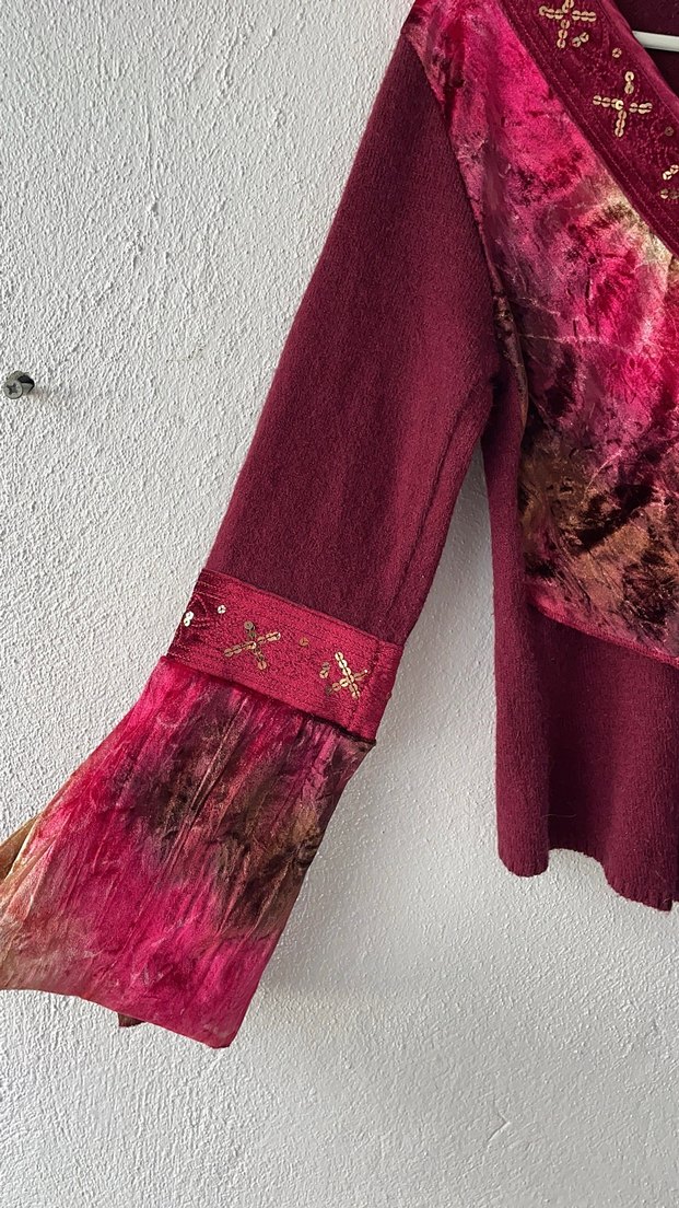 Bordo Bohem V Yaka Bağlamalı Triko Kazak - Görsel 4