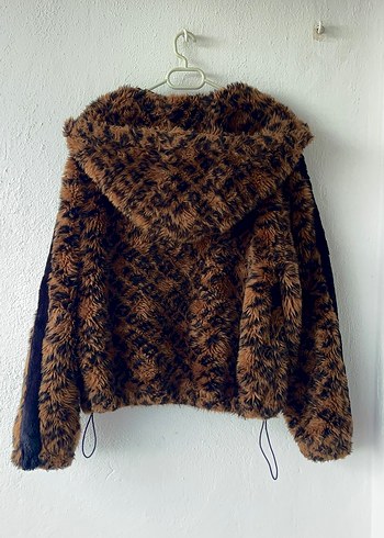 Kahverengi Leopar Desenli Kapüşonlu Kadın Ceket - Görsel 6