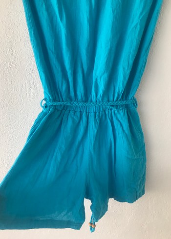 Kadın Turkuaz Kemerli Mini Keten Tulum - Görsel 3