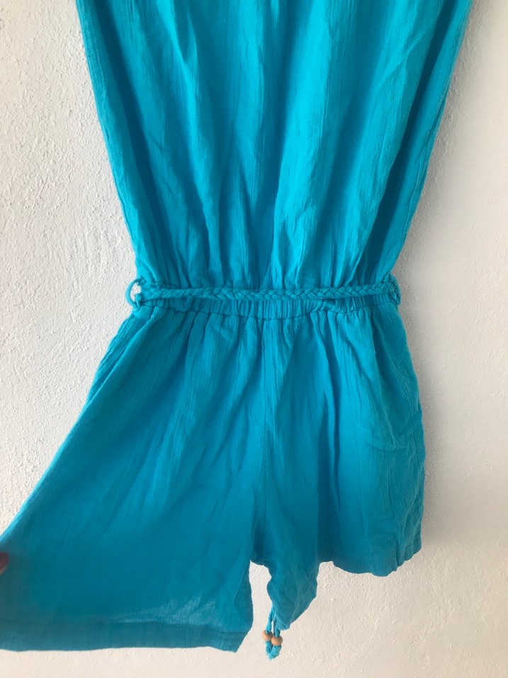 Kadın Turkuaz Kemerli Mini Keten Tulum - Görsel 3