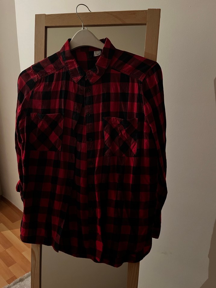 Gri ve Kırmızı Kareli Düğmeli Kadın Gömlek - Görsel 4