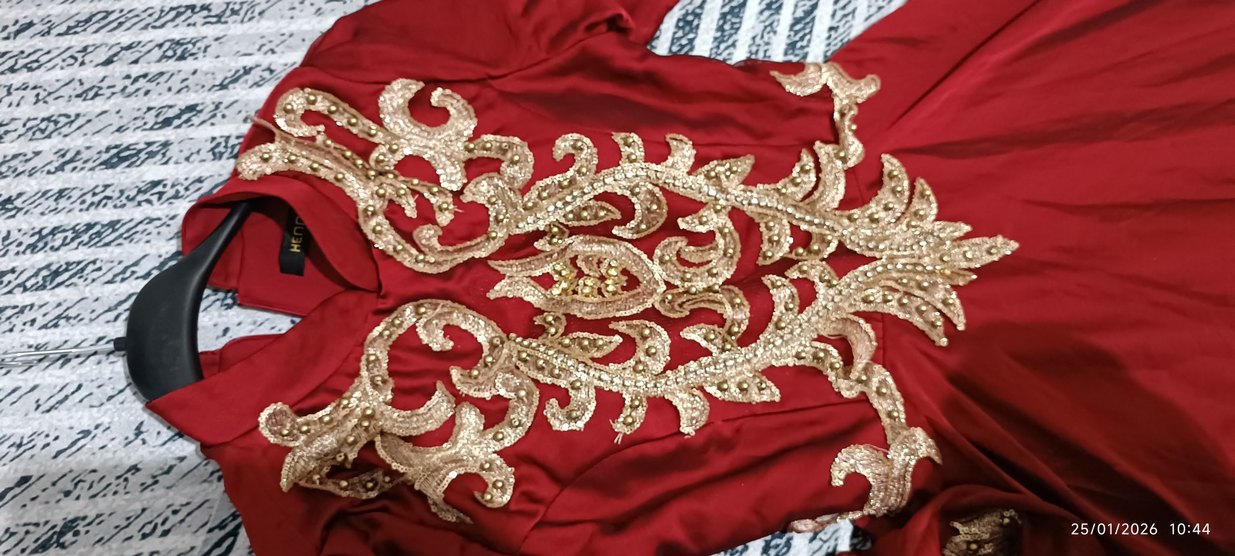 Bordo İşlemeli Uzun Kollu Abiye Elbise 1 kere giyildi - Görsel 5