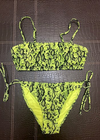 Sarı Yılan Desenli Dantelli Mini Bikini