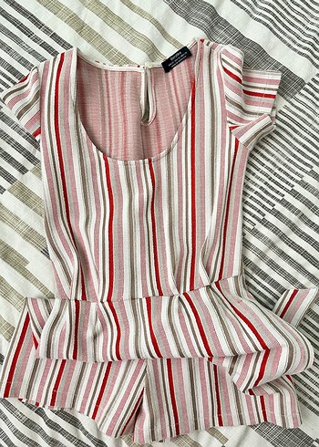 Bershka Çizgili Kısa Kollu Midi Tulum - Görsel 3