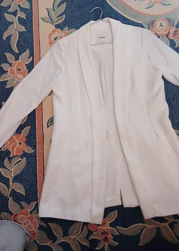 Beyaz Uzun Keten Kadın Blazer Ceket - Görsel 4