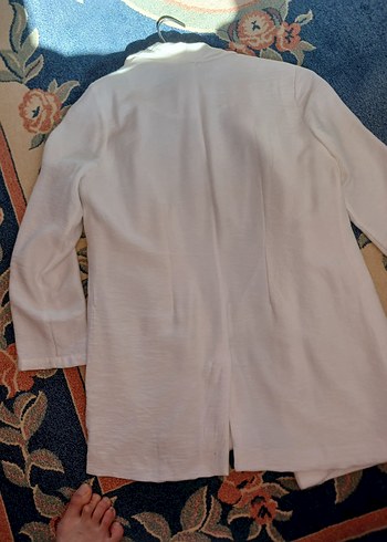 Beyaz Uzun Keten Kadın Blazer Ceket - Görsel 5