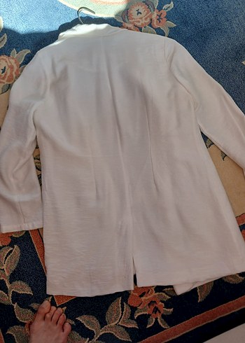 Beyaz Uzun Keten Kadın Blazer Ceket - Görsel 6