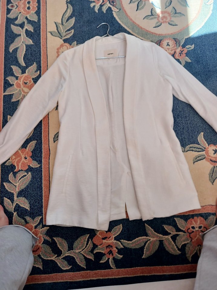 Beyaz Uzun Keten Kadın Blazer Ceket - Görsel 3