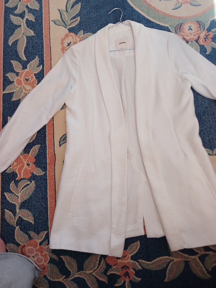 Beyaz Uzun Keten Kadın Blazer Ceket - Görsel 4
