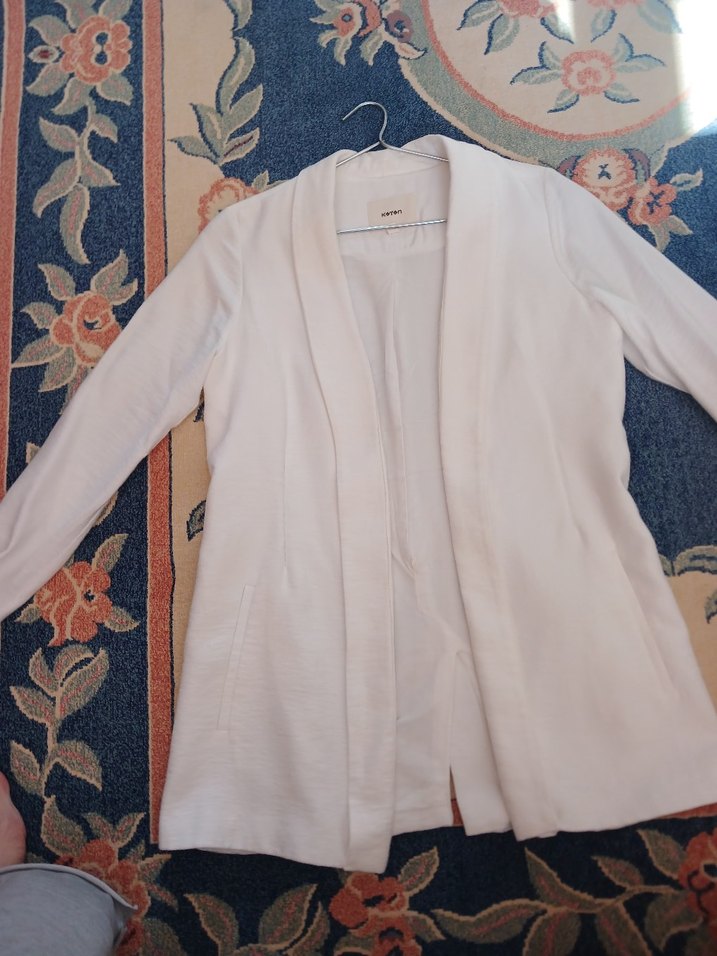 Beyaz Uzun Keten Kadın Blazer Ceket - Görsel 2