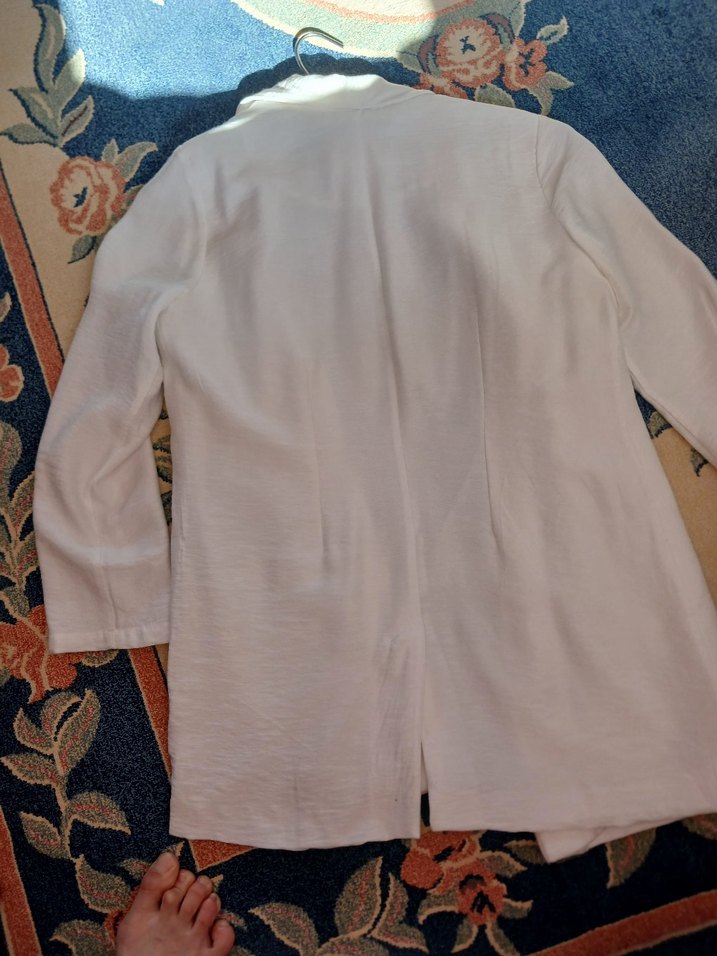 Beyaz Uzun Keten Kadın Blazer Ceket - Görsel 5