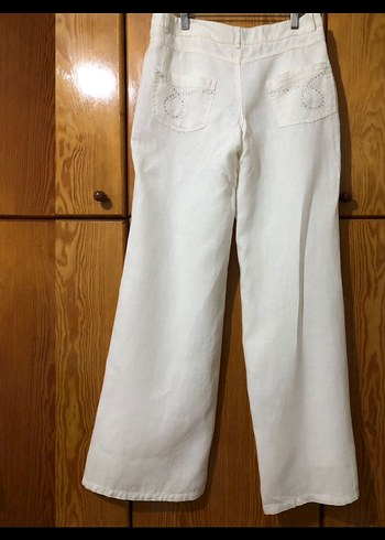 Düğmeli Beyaz Keten Midi Kadın Pantolon - Görsel 2