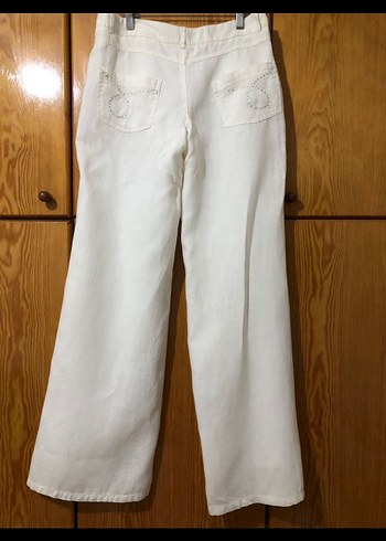 Düğmeli Beyaz Keten Midi Kadın Pantolon - Görsel 3