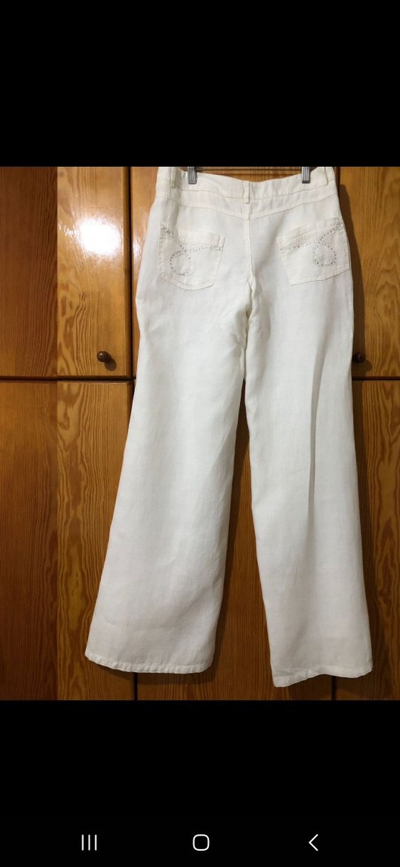 Düğmeli Beyaz Keten Midi Kadın Pantolon - Görsel 2