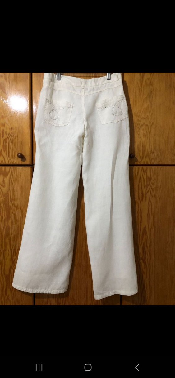 Düğmeli Beyaz Keten Midi Kadın Pantolon - Görsel 3