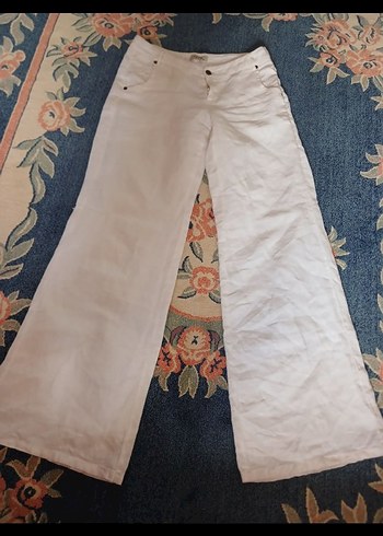 Kadın Beyaz Keten Bol Kesim Pantolon - Görsel 4