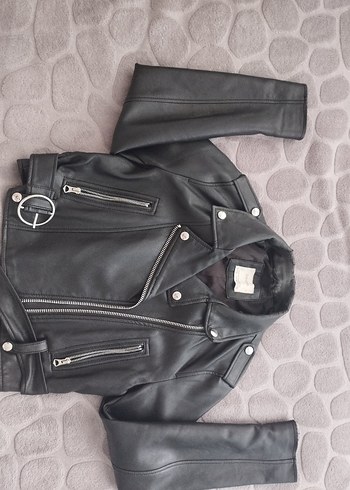 Kadın Siyah Kemerli Mini Deri Biker Ceket