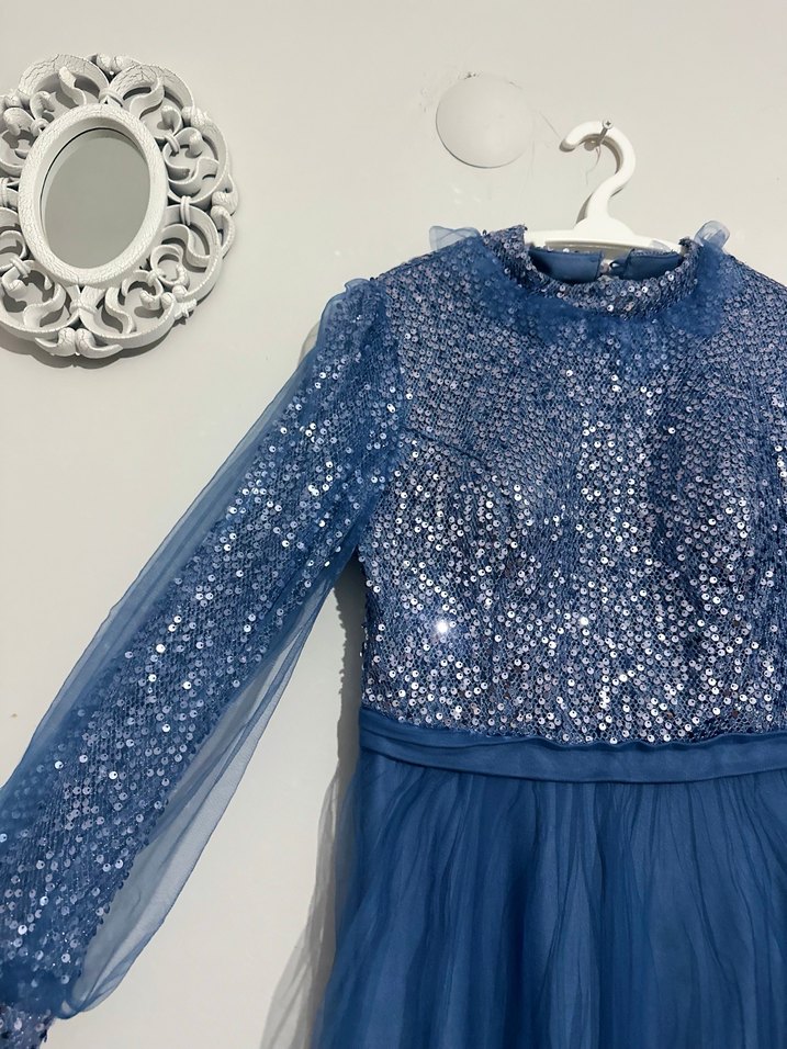 Mavi Payetli Uzun Kollu Abiye Elbise - Görsel 2