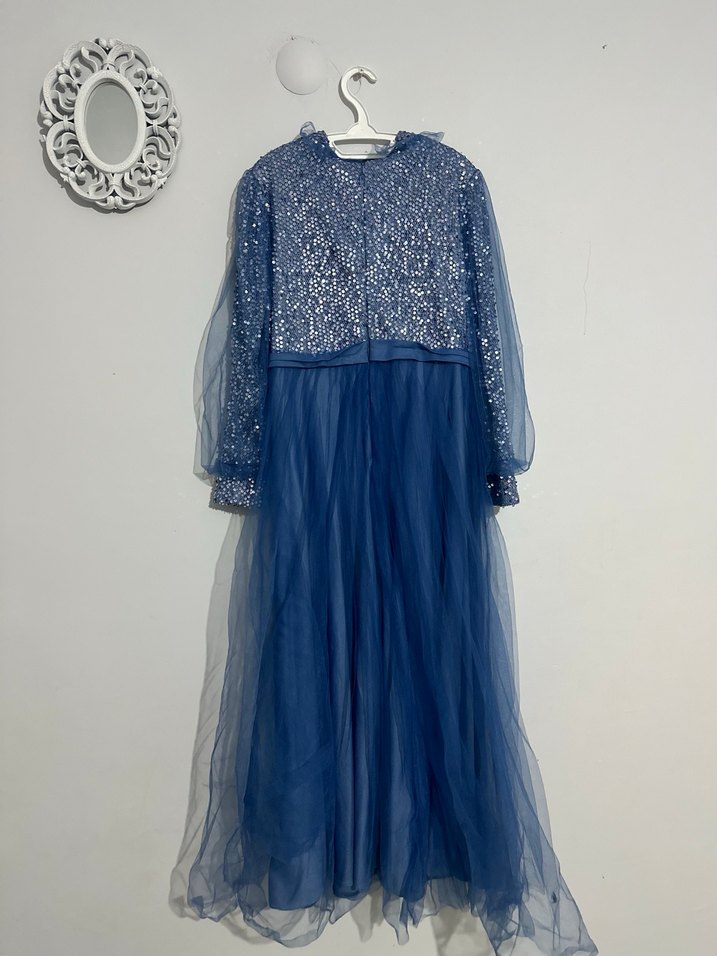 Mavi Payetli Uzun Kollu Abiye Elbise - Görsel 4