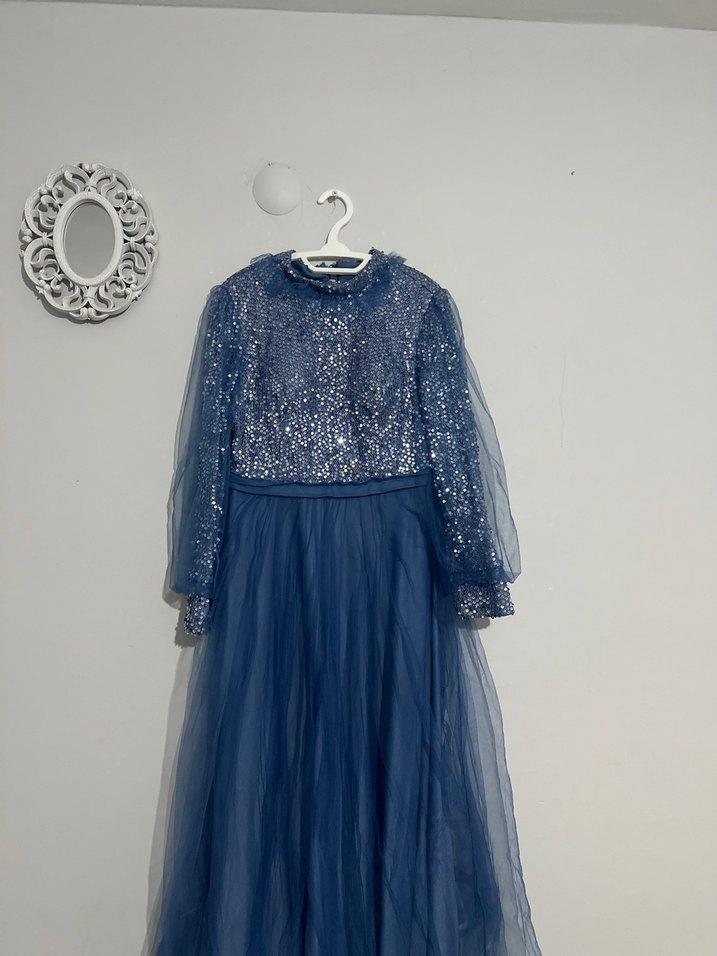 Mavi Payetli Uzun Kollu Abiye Elbise - Görsel 5