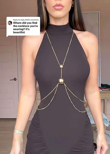 zara kolye zincir Kahverengi Uzun Saten Dar Kesim Elbise - Görsel 5