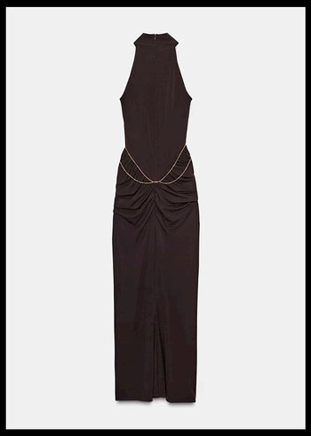 zara kolye zincir Kahverengi Uzun Saten Dar Kesim Elbise - Görsel 3