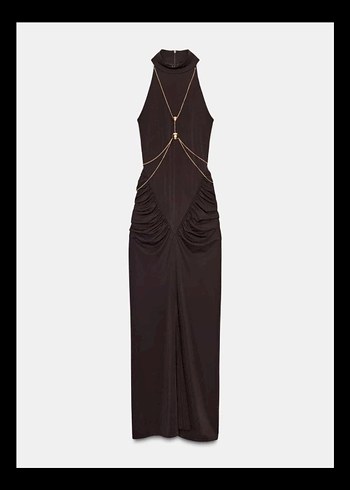 zara kolye zincir Kahverengi Uzun Saten Dar Kesim Elbise - Görsel 2