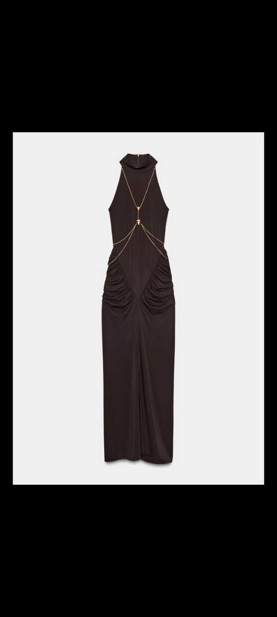 zara kolye zincir Kahverengi Uzun Saten Dar Kesim Elbise - Görsel 2