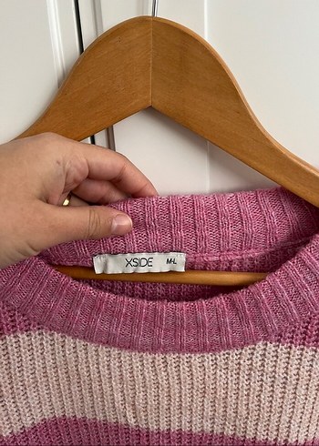 Pembe Çizgili Bohem Kadın Triko Kazak - Görsel 2