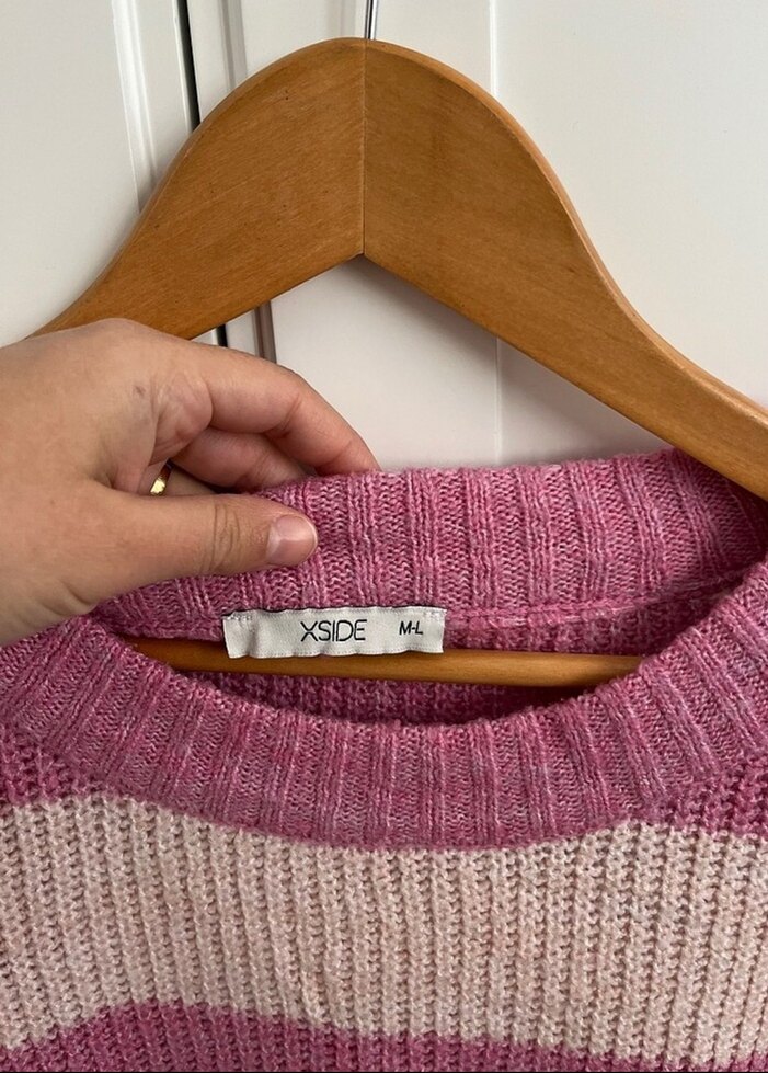 Pembe Çizgili Bohem Kadın Triko Kazak - Görsel 2