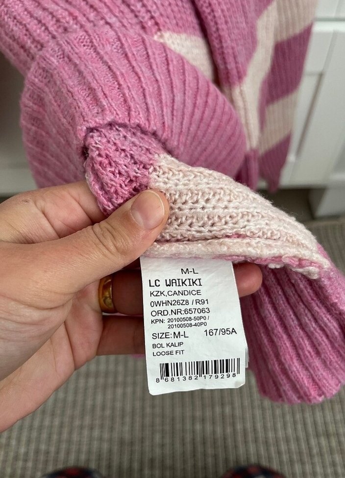 Pembe Çizgili Bohem Kadın Triko Kazak - Görsel 3