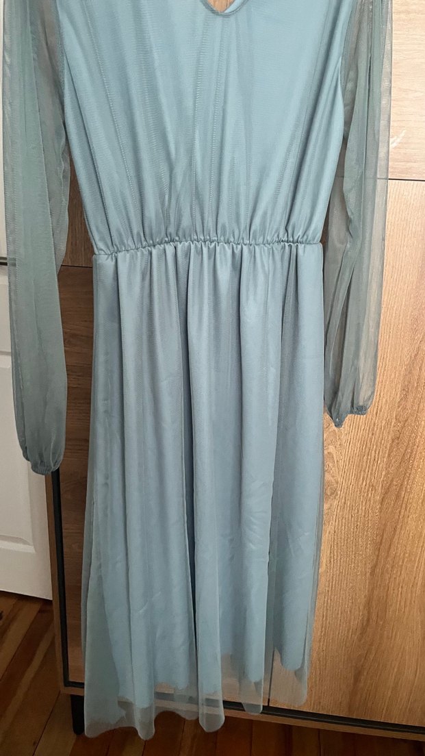 V Yaka Mavi Midi Elbise - Görsel 3