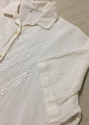 Düğmeli Beyaz Kısa Kollu Pamuklu Gömlek - Görsel 7