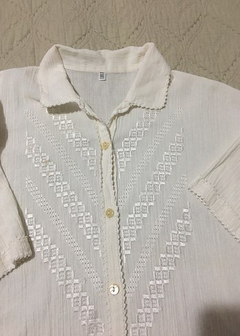 Düğmeli Beyaz Kısa Kollu Pamuklu Gömlek - Görsel 5