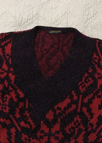 Bordo Bohem V Yaka Örgü Kadın Kazak - Görsel 4