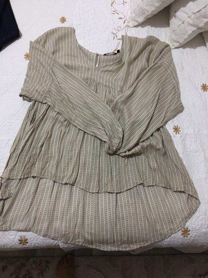 V Yaka Pilili Bej Pamuklu bluz - Görsel 4