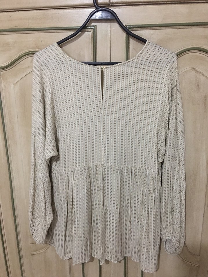 V Yaka Pilili Bej Pamuklu bluz - Görsel 2