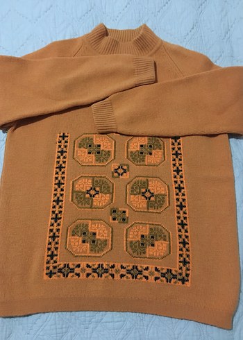 Bohem Nakışlı turuncu Kadın Triko Kazak - Görsel 3