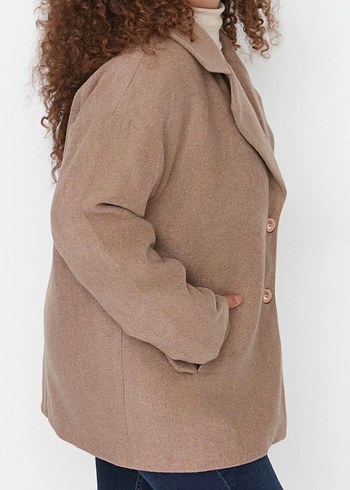 Düğmeli Bej Süet Hamile Kaban - Görsel 2