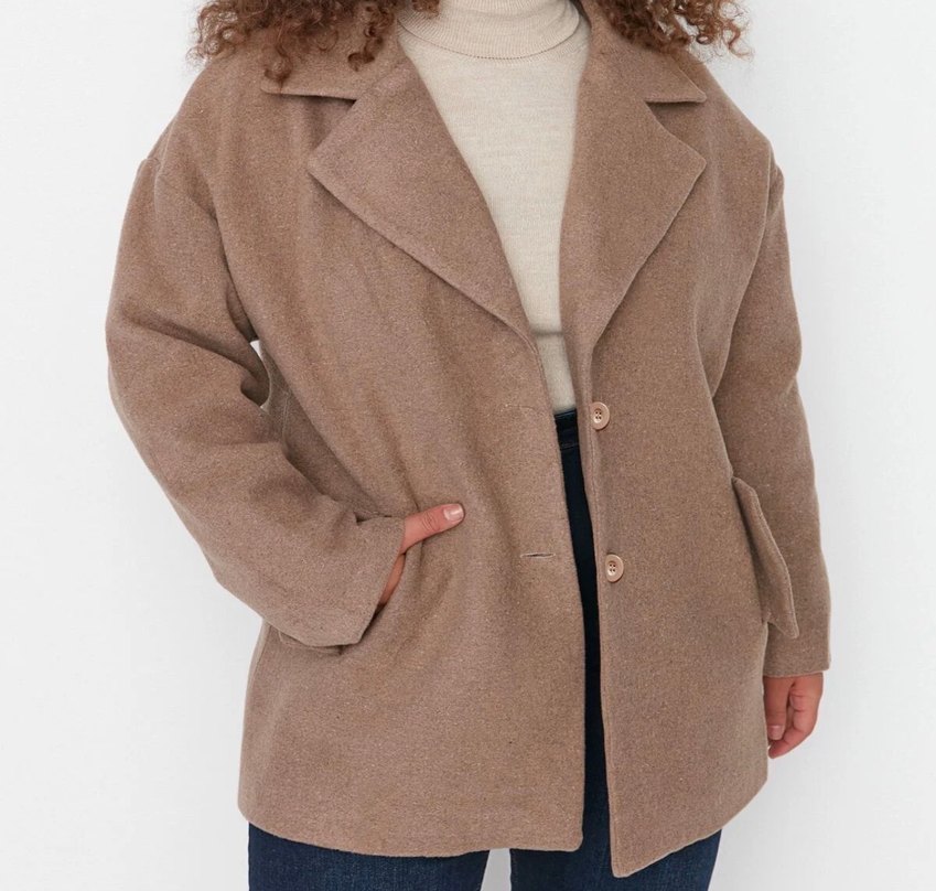 Düğmeli Bej Süet Hamile Kaban - Görsel 3