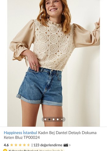 Bej Dantel Detaylı Keten Bluz - Görsel 2