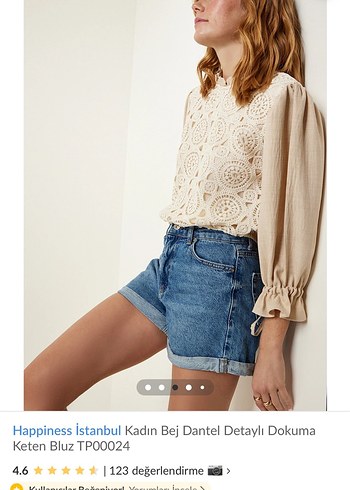 Bej Dantel Detaylı Keten Bluz - Görsel 3