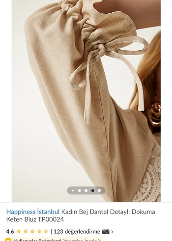 Bej Dantel Detaylı Keten Bluz - Görsel 6