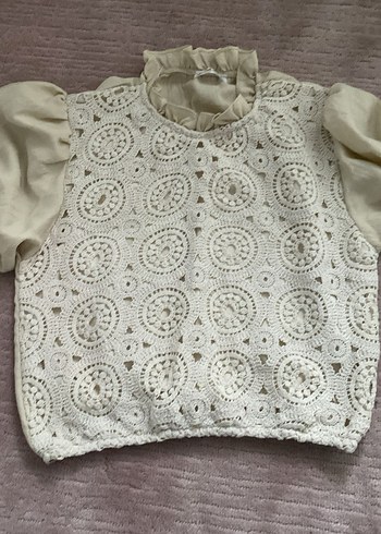 Bej Dantel Detaylı Keten Bluz - Görsel 8