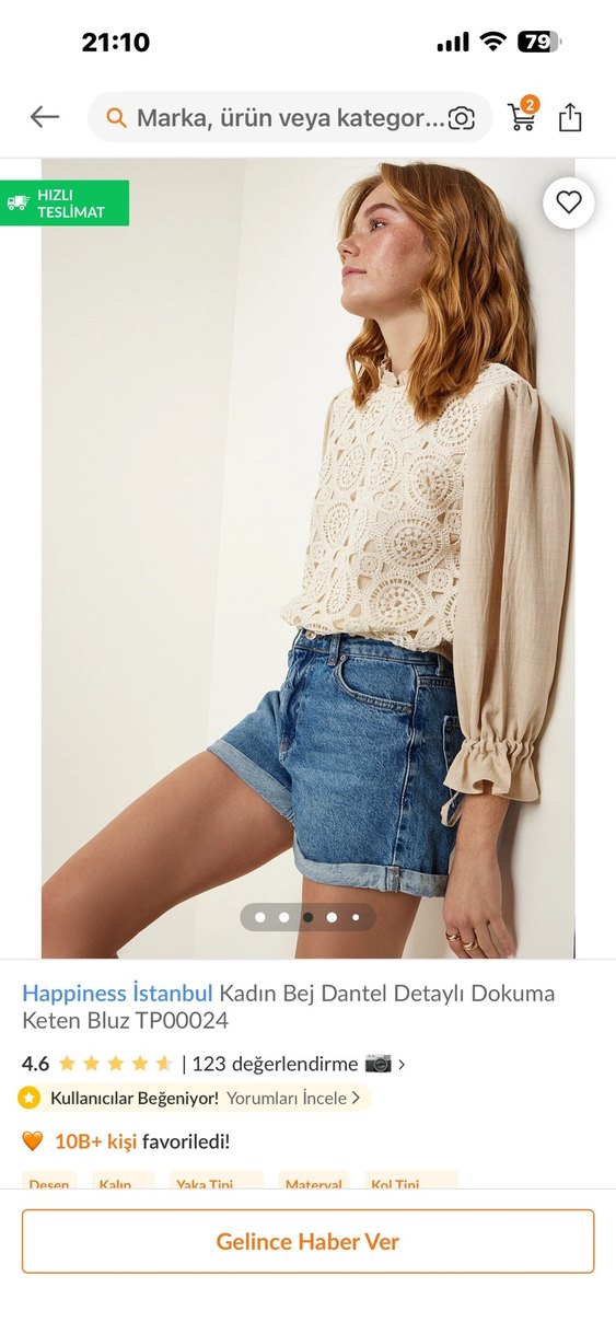 Bej Dantel Detaylı Keten Bluz - Görsel 3