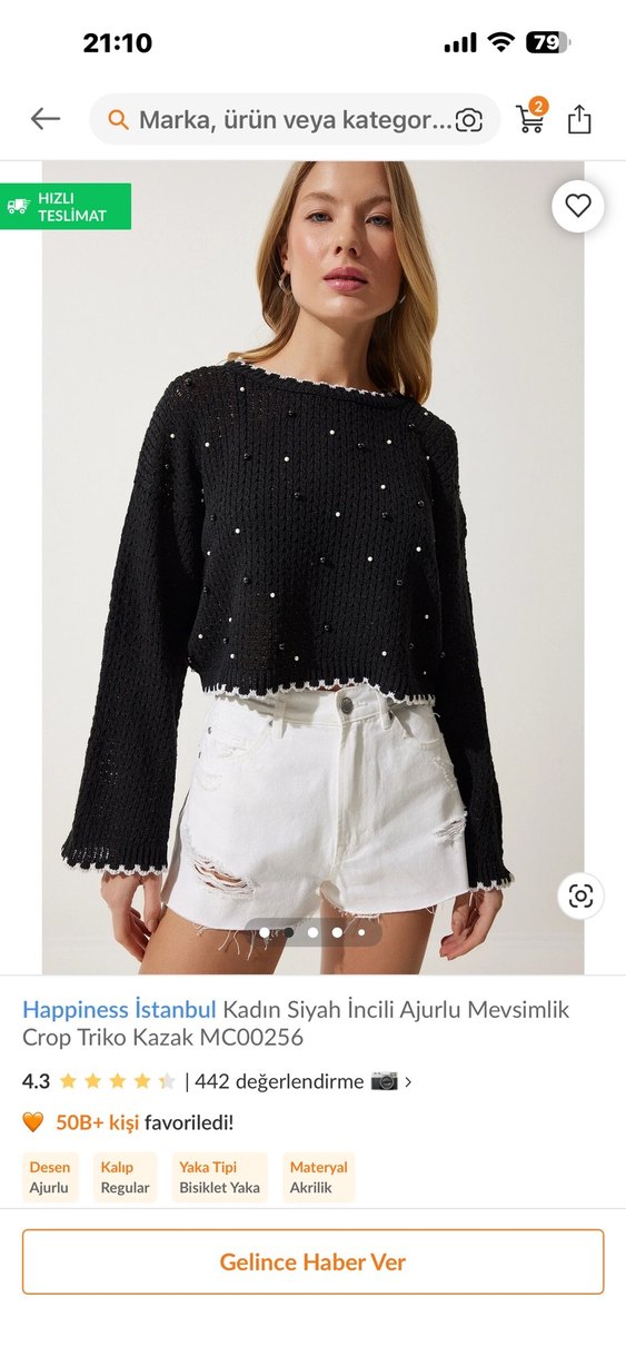 Siyah İnci Detaylı Kısa Triko Kazak - Görsel 2