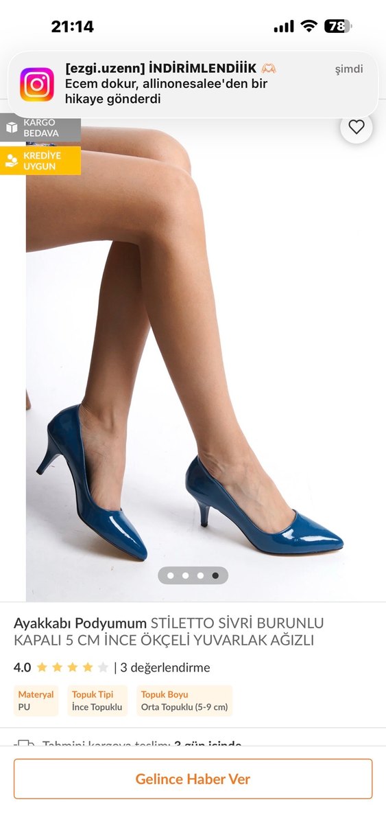 Mavi Stiletto Sivri Burun 5 cm Topuklu Kadın Ayakkabı - Görsel 3