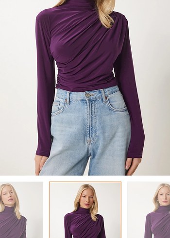 Mor Drapeli Yüksek Yaka Kadın Bluz - Görsel 2