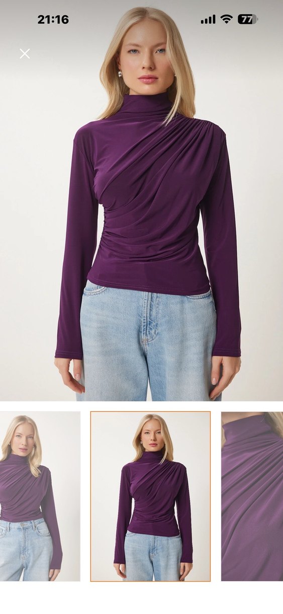 Mor Drapeli Yüksek Yaka Kadın Bluz - Görsel 3