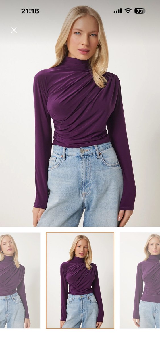Mor Drapeli Yüksek Yaka Kadın Bluz - Görsel 2